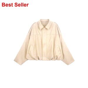 Faux Suede Bomber Jacket Cropped Oversized Pilot Coat Casual Outwear